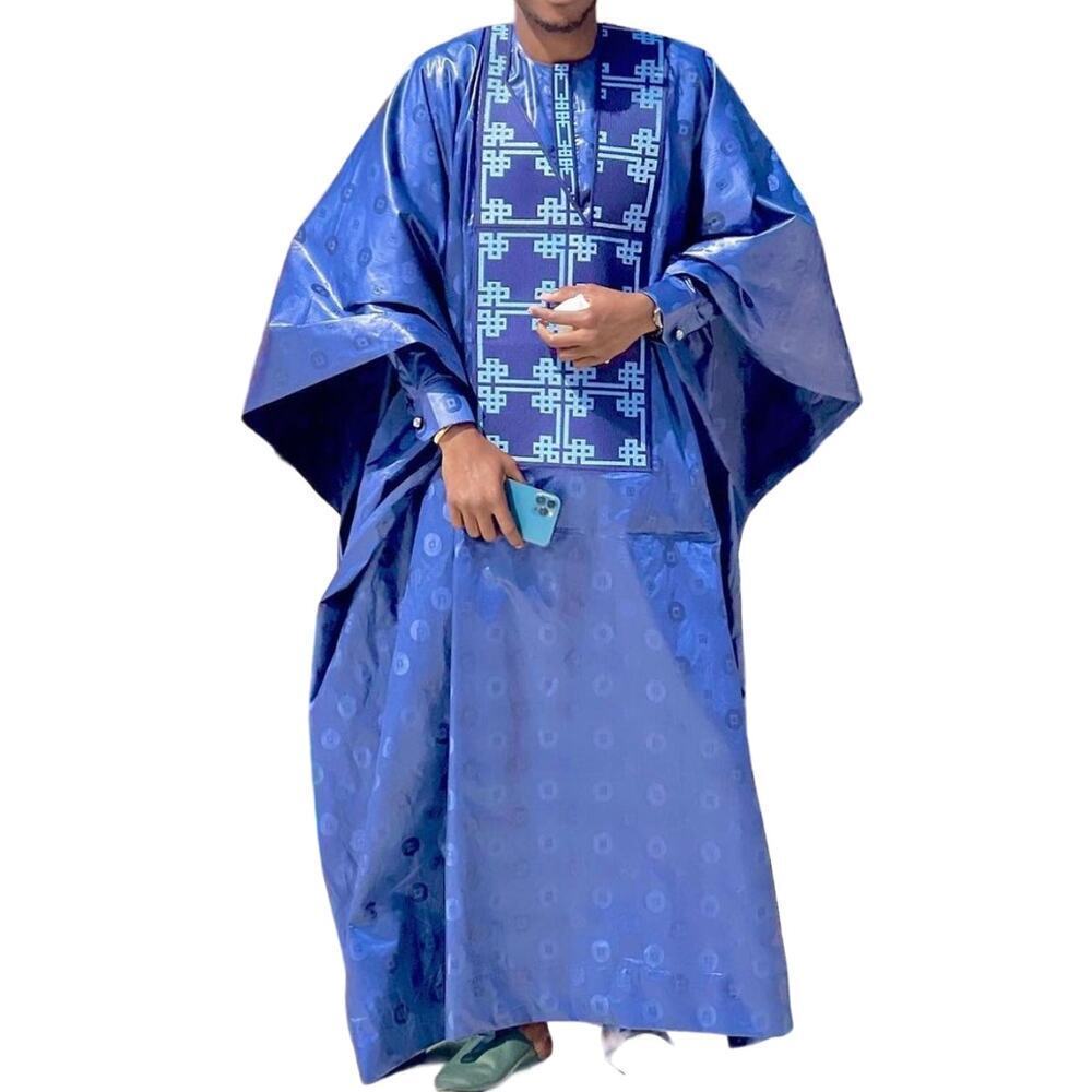 Tailor D’or Men's Traditional African Bazin/Getzner 3 Piece Blue Outfit, Size Os